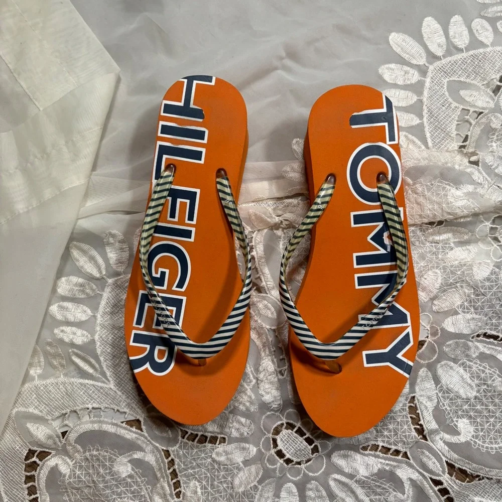 Y2K Wedge Tommy Hilfiger Orange Platform Wedge Flip Flops Striped Straps 9